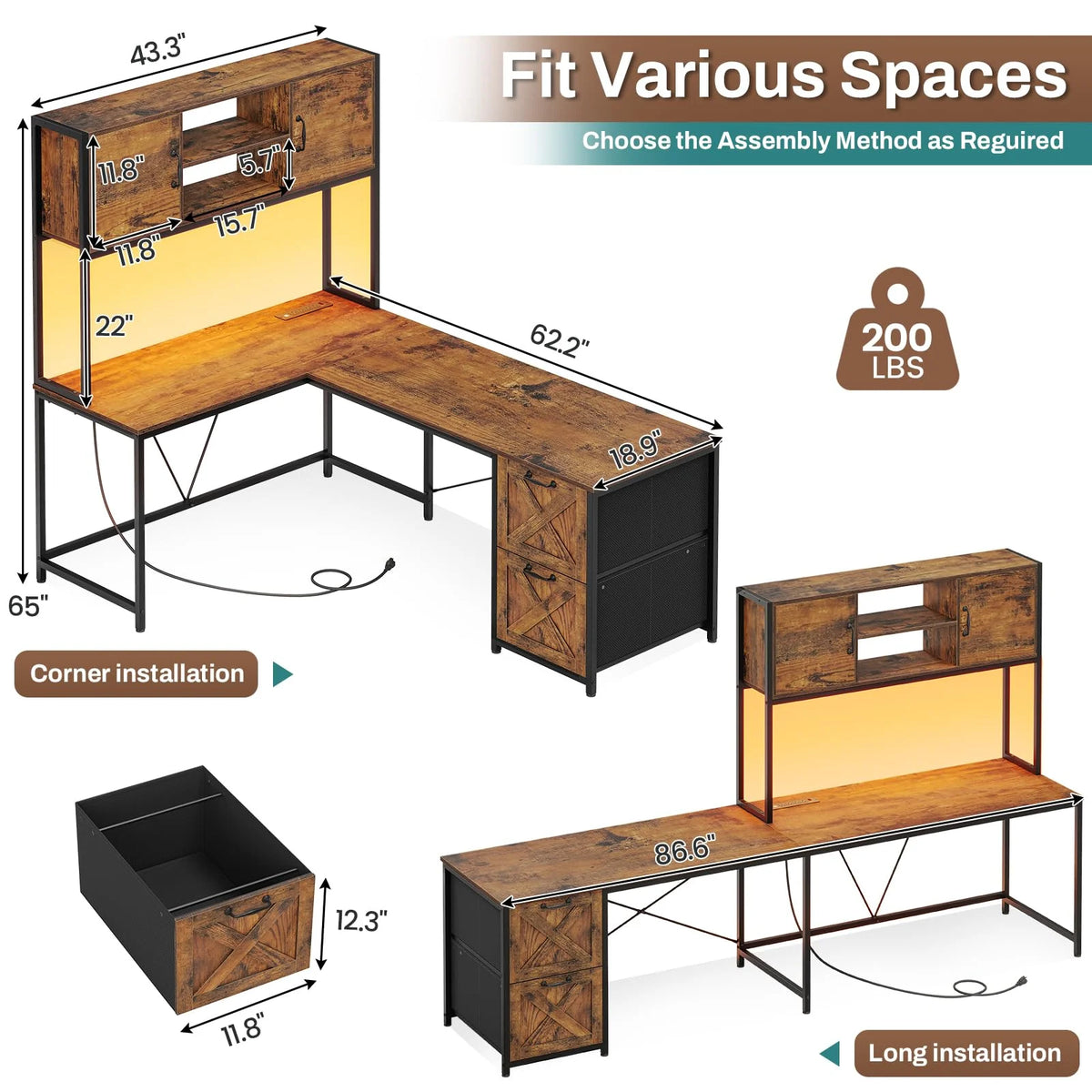Rustic Brown L Shaped Desk with Fabric Drawers and Power Outlet E4117