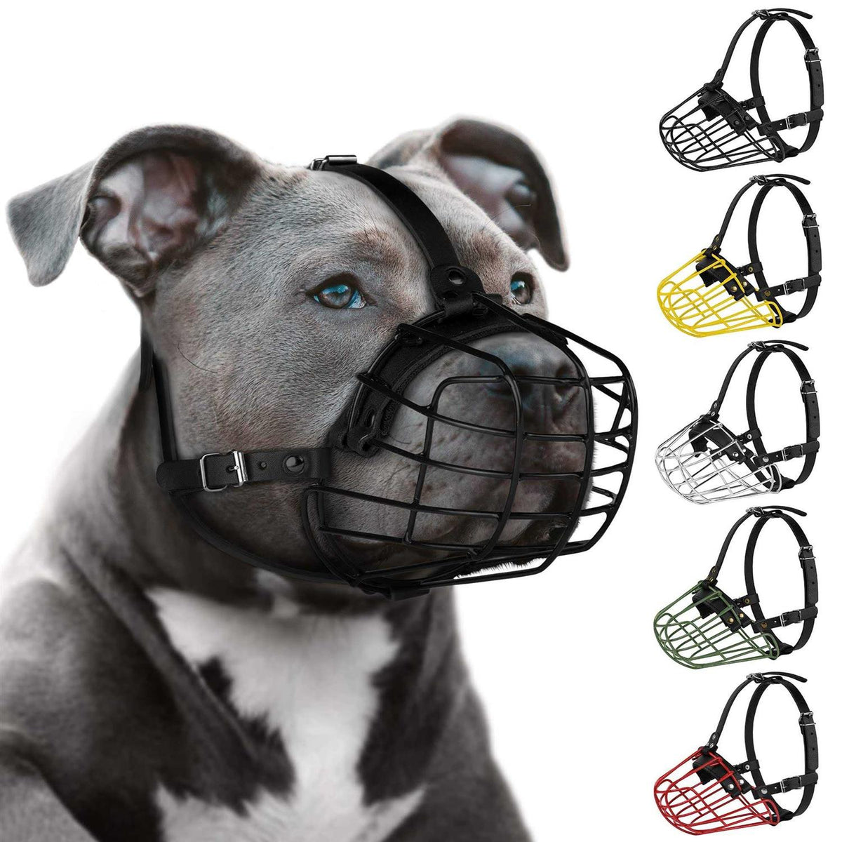 Dog Muzzle Metal Wire Basket Adjustable Leather Straps Y55258