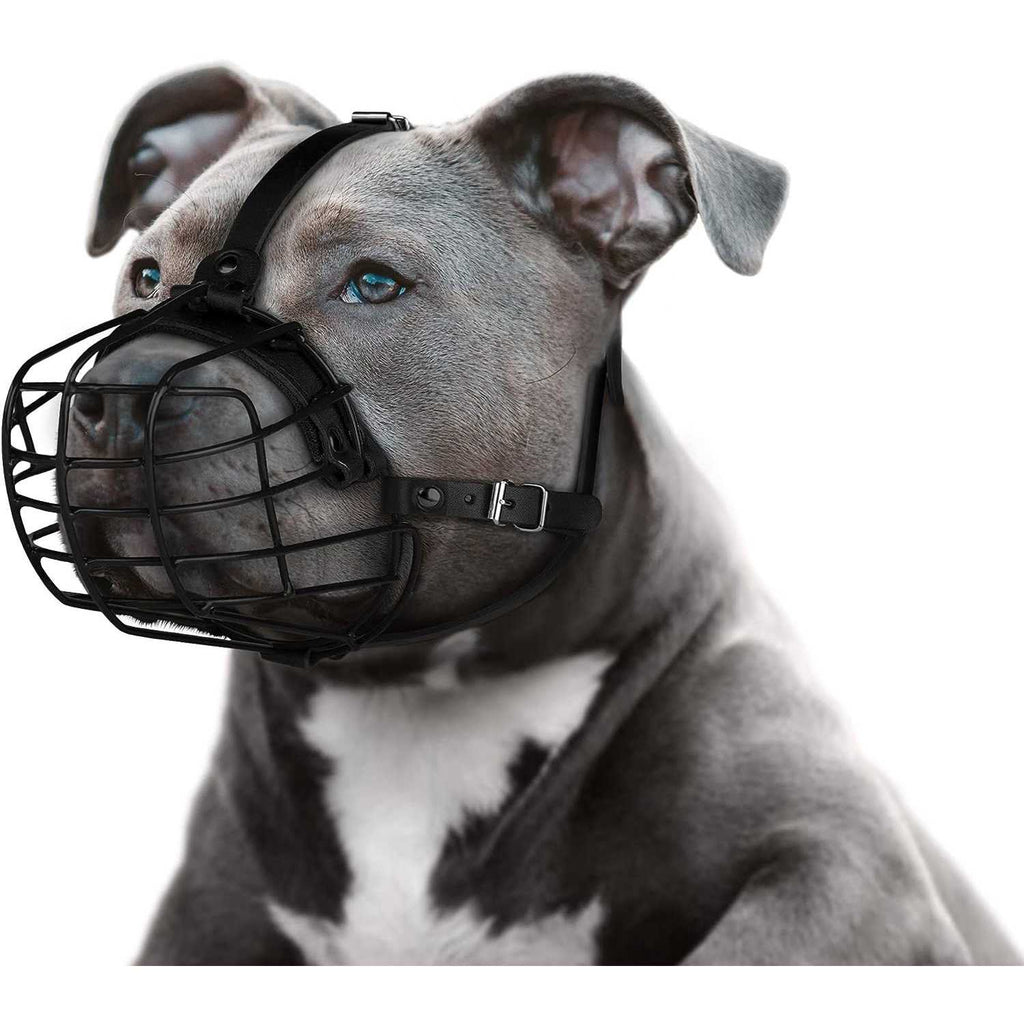 Dog Muzzle Metal Wire Basket Adjustable Leather Straps Y55258