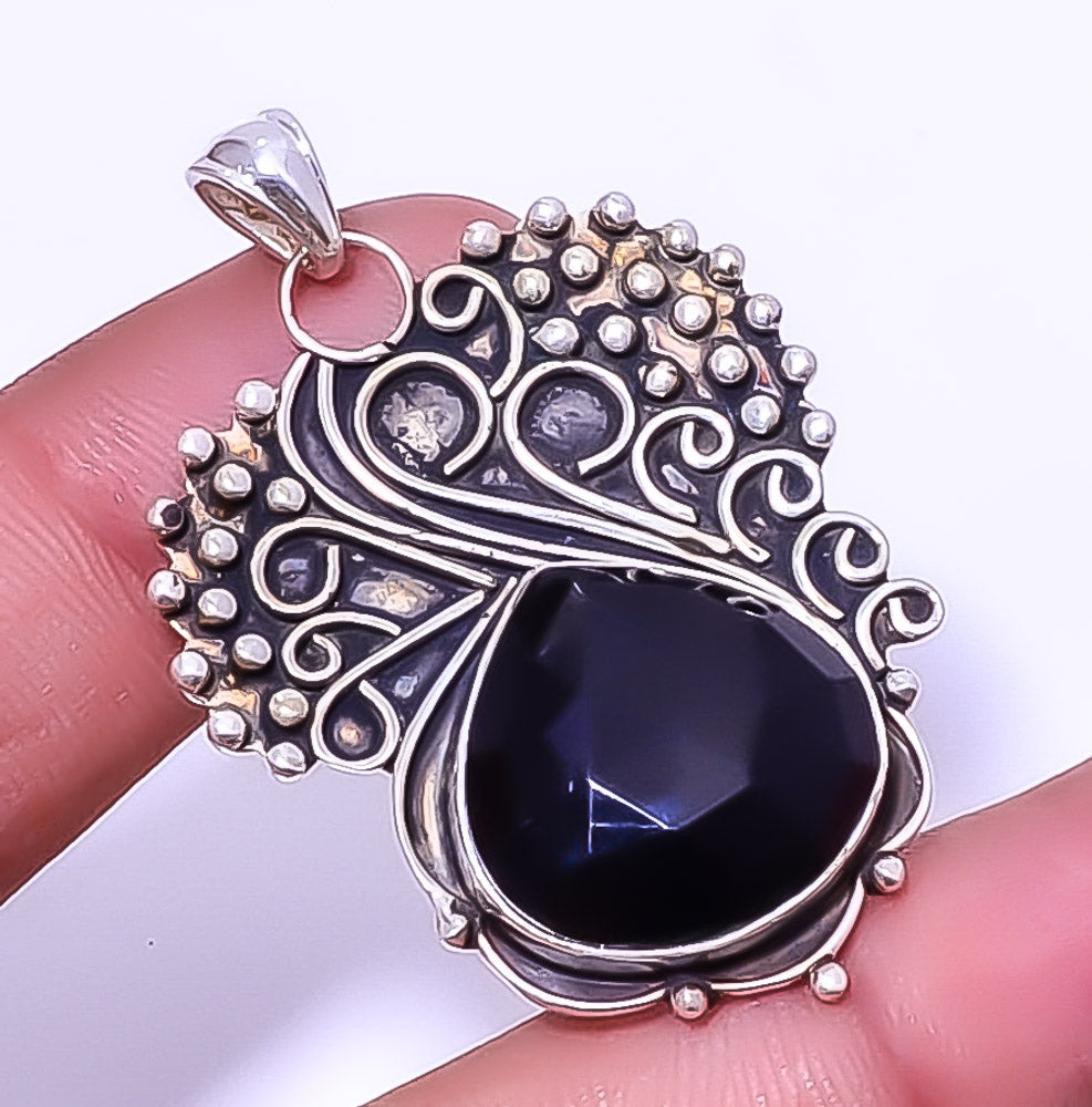 Black Onyx 925 Silver Plated Pendant 1.95" H752