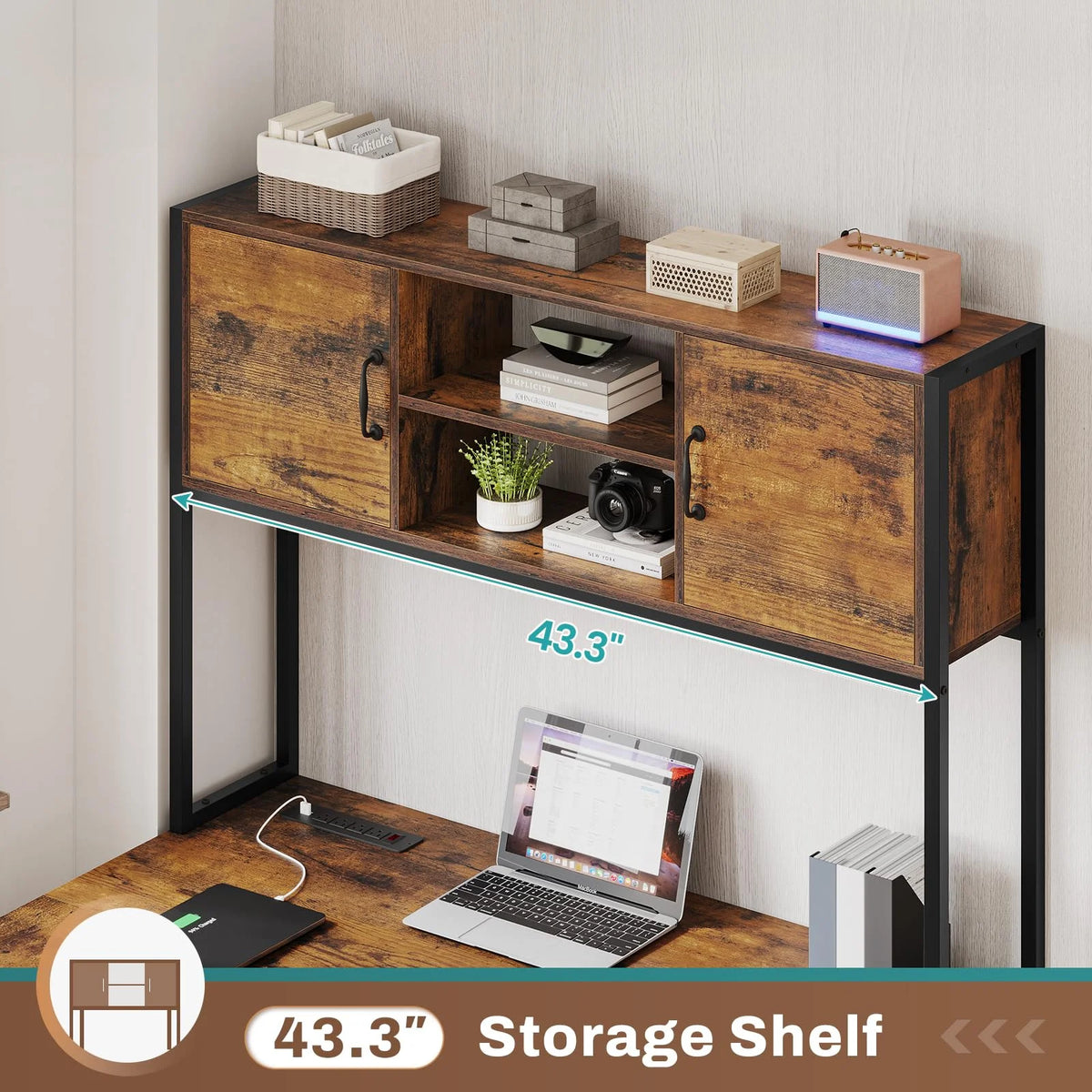Rustic Brown L Shaped Desk with Fabric Drawers and Power Outlet E4117