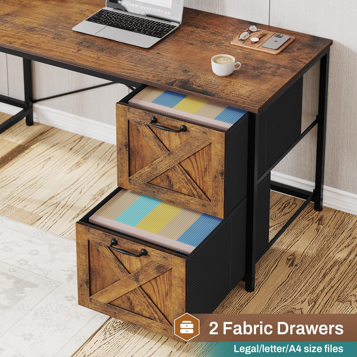 Rustic Brown L Shaped Desk with Fabric Drawers and Power Outlet E4117