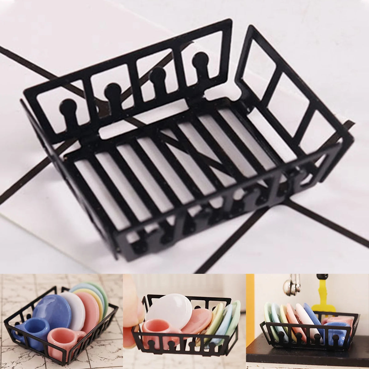 1/12 Mini Dollhouse Metal Dish Rack Toy H38081