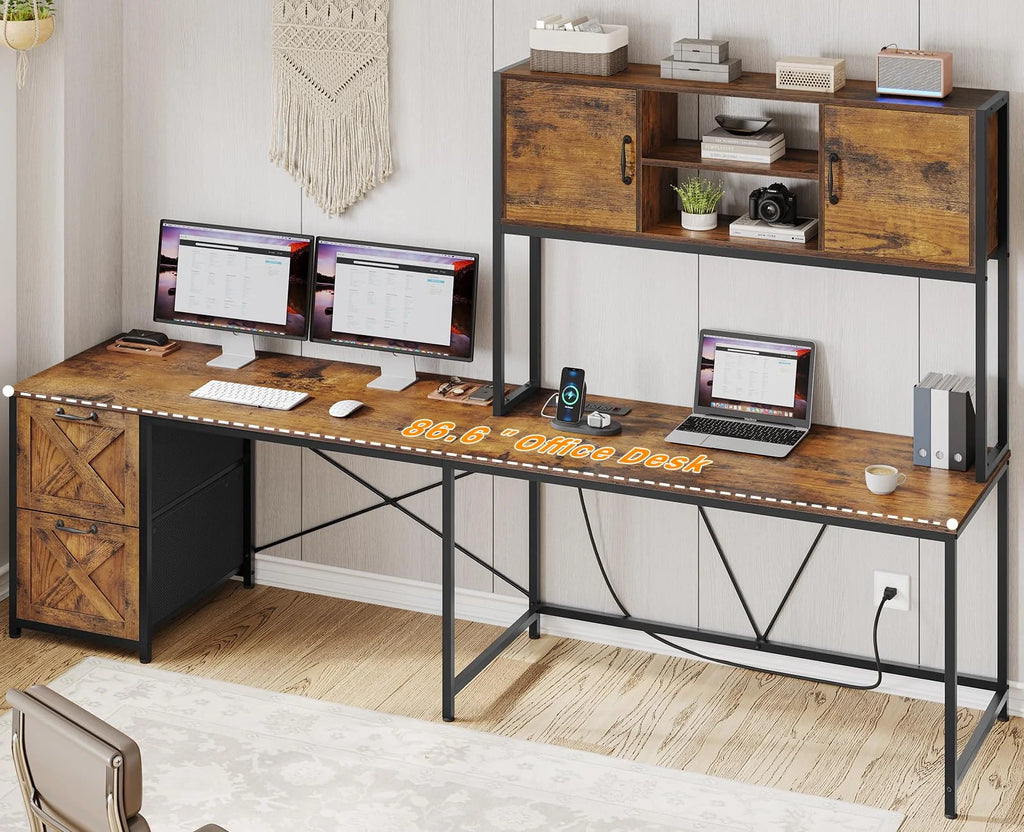 Rustic Brown L Shaped Desk with Fabric Drawers and Power Outlet E4117