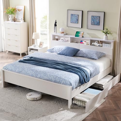 Dark Grey King Bed Frame with Bookcase Headboard and 4 Drawers J793