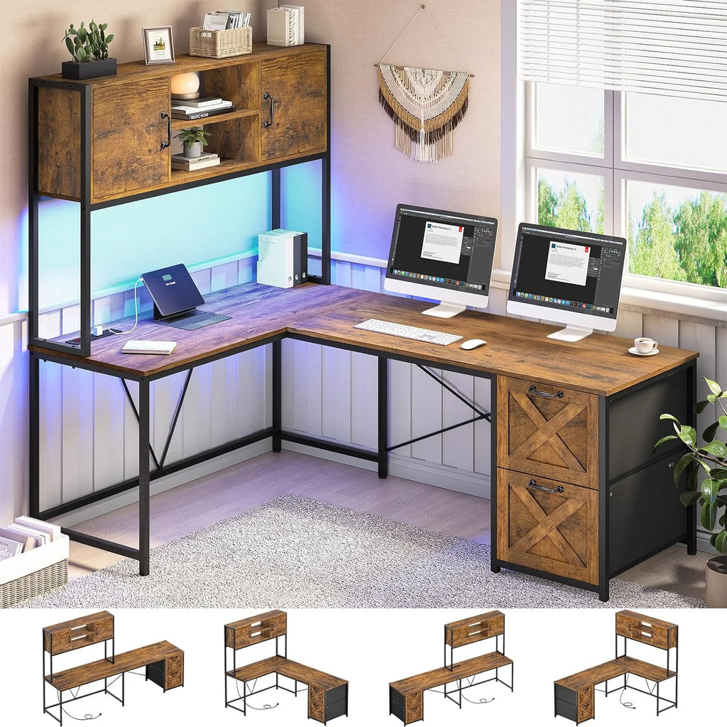 Rustic Brown L Shaped Desk with Fabric Drawers and Power Outlet E4117
