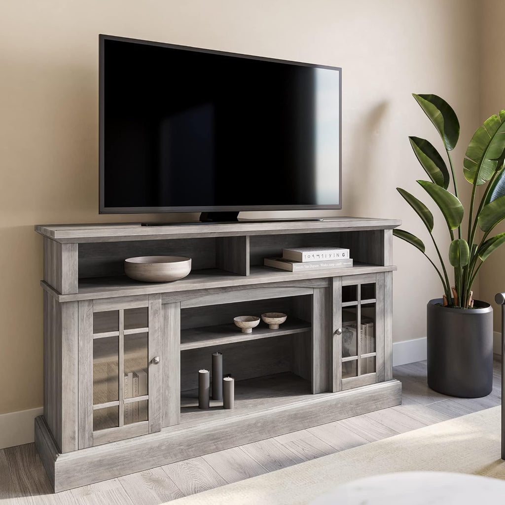 Rustic Wood TV Stand with Open Storage Shelves and Cabinets N48821