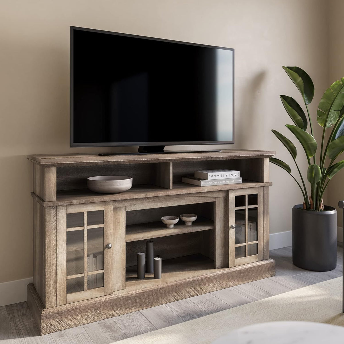 Rustic Wood TV Stand with Open Storage Shelves and Cabinets N48821