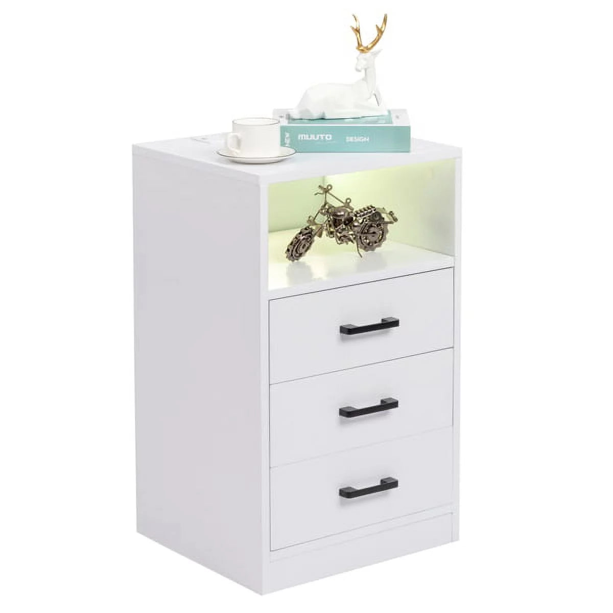 White End Table with Charging Station and 3 Storage Drawers Q66921