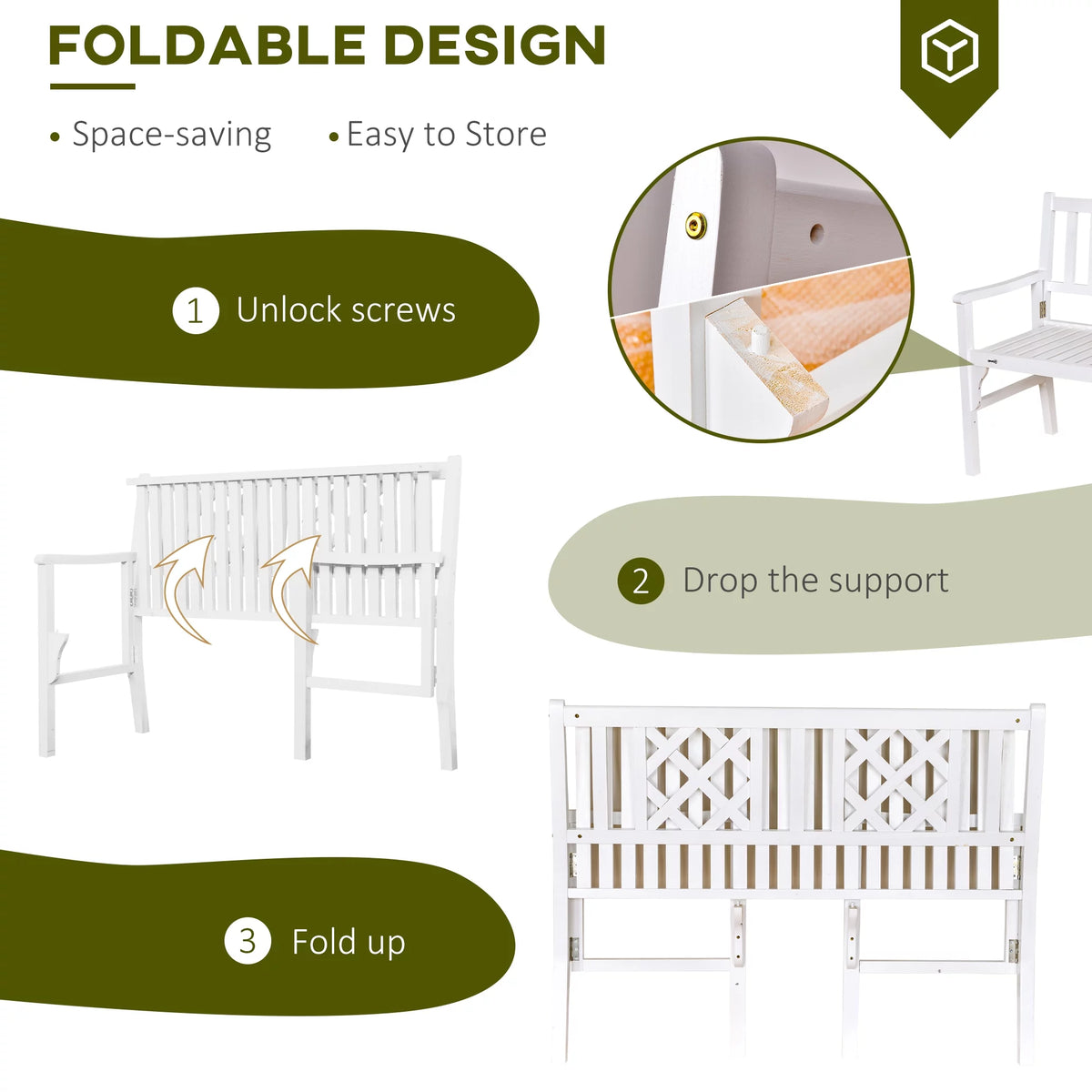 White 4FT Wooden Outdoor Folding Bench Z7948