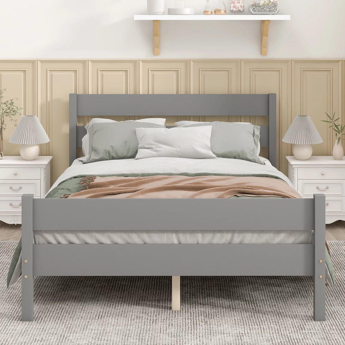 Gray Full Wood Platform Bed Frame with Headboard and Footboard J31589